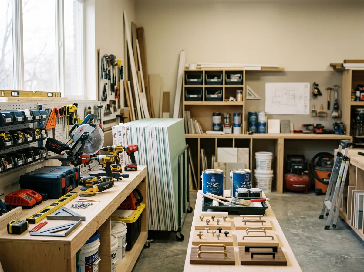 Professional remodeling workspace with tools and materials organized for interior renovation projects.