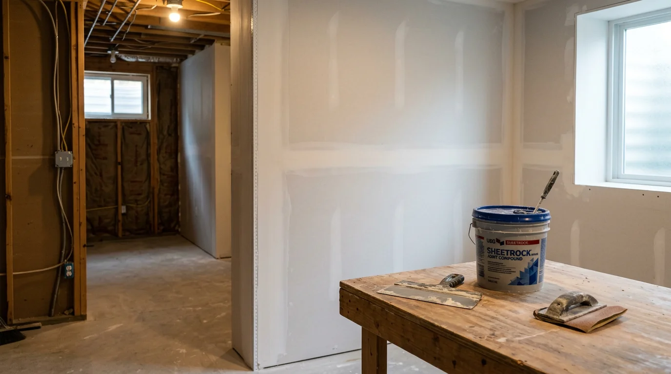Finished basement with drywall and lighting