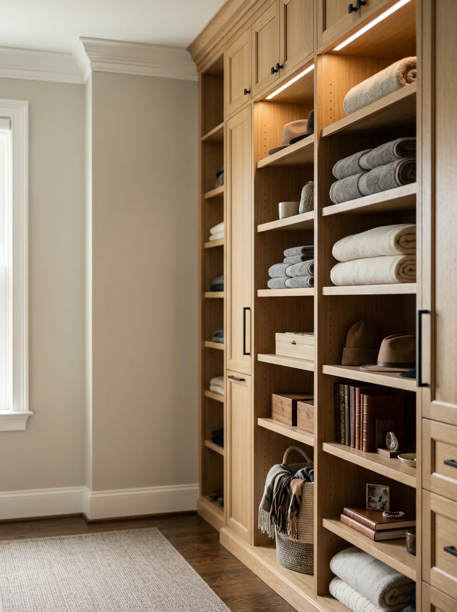 Custom closet installation in an Aldie Virginia primary suite walk-in space with built-in shelving and organization using the full height of the room.