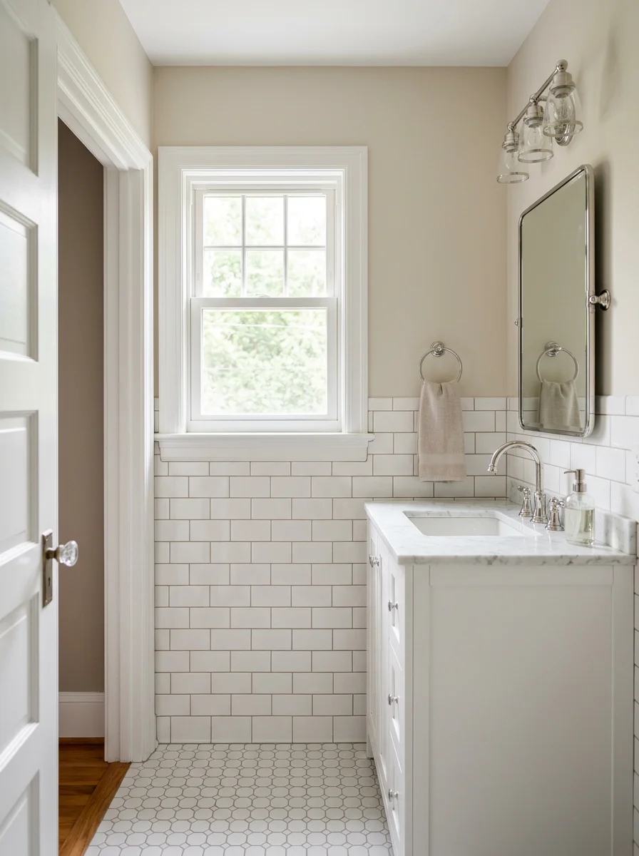 Bathroom renovation in a Falls Church Virginia postwar Cape Cod showing new tile, updated fixtures, and smooth painted walls in a compact single-bathroom footprint.