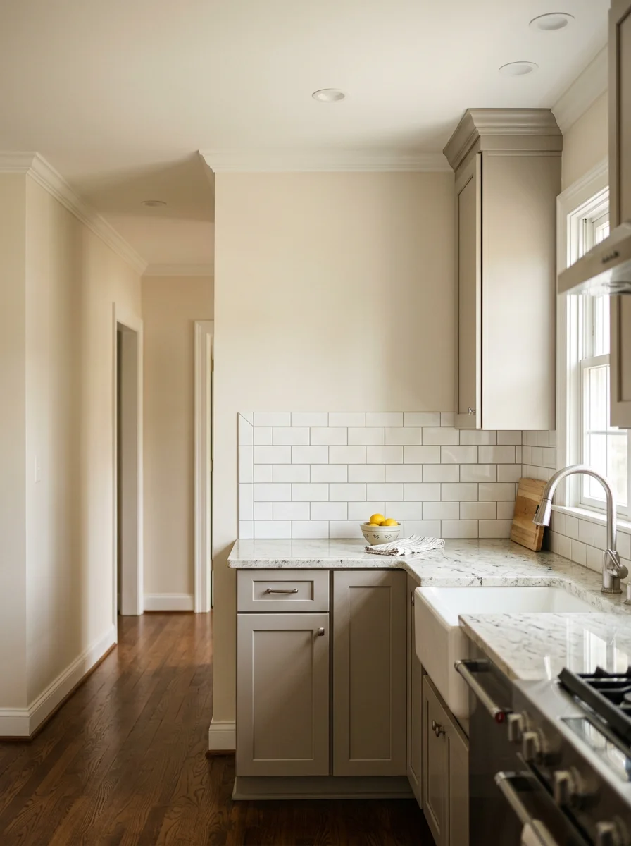 Renovated kitchen interior in a McLean Virginia home with new cabinetry, painted walls, and updated lighting replacing a closed-off original layout.