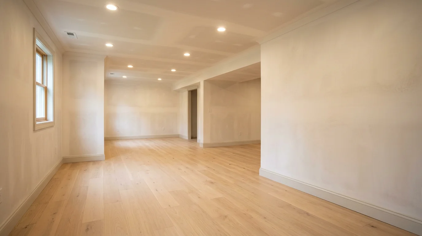 Finished basement renovation in a McLean Virginia colonial home, showing recessed lighting, drywall, and new flooring in a previously unfinished lower level.