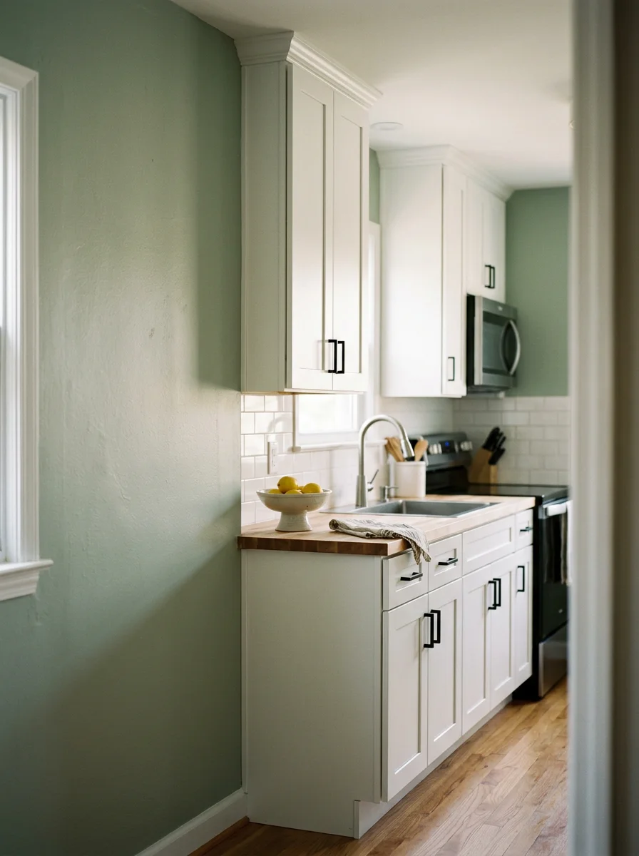 Kitchen remodel in a Fairlington Virginia townhome condo showing new cabinetry and painted walls within the original compact footprint.