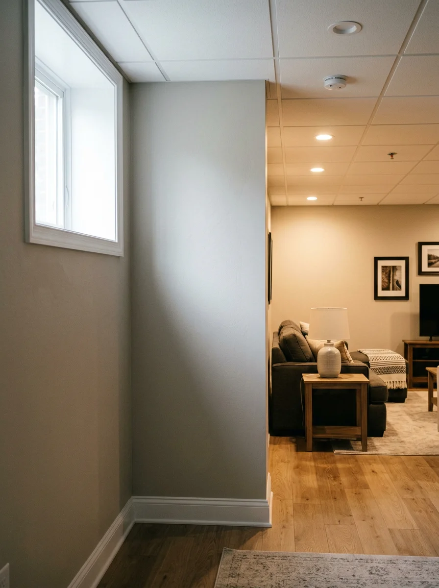 Finished basement in a Sterling Virginia Countryside colonial showing drywall, recessed lighting, and painted walls converted from an unfinished lower level.