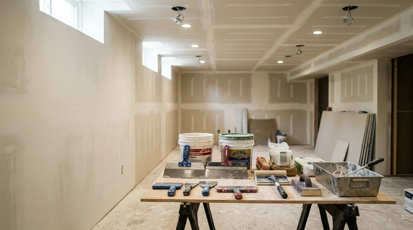 A finished basement interior in a McLean, Virginia home showing framed and drywalled walls, recessed lighting, and new flooring replacing an unfinished lower level. The space is set up as a clean, functional living area with even lighting and smooth wall surfaces throughout.