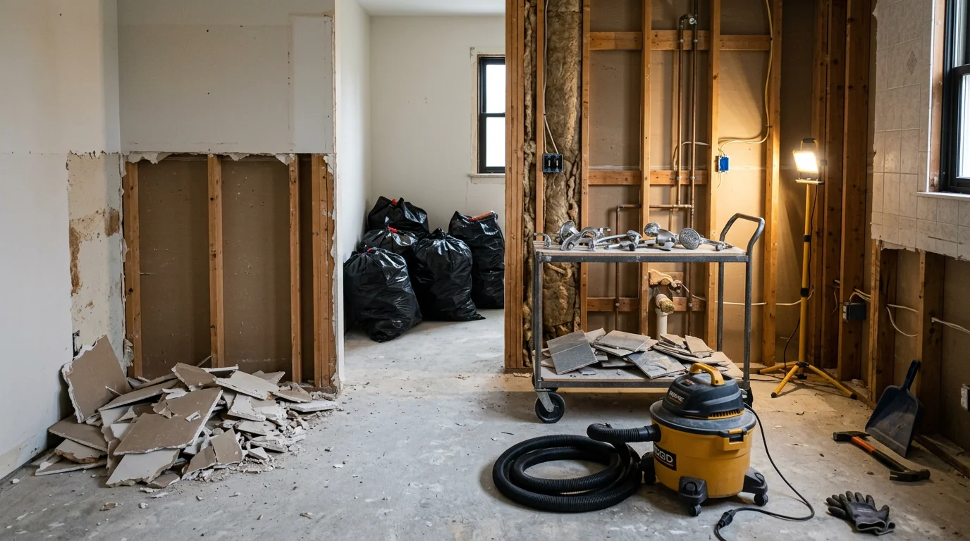Stripped McLean bathroom after professional demolition, showing bare studs, exposed subfloor, and removed tile and fixtures ready for remodeling. Interior demolition work by Alberto and Son's Remodeling in McLean, Virginia.