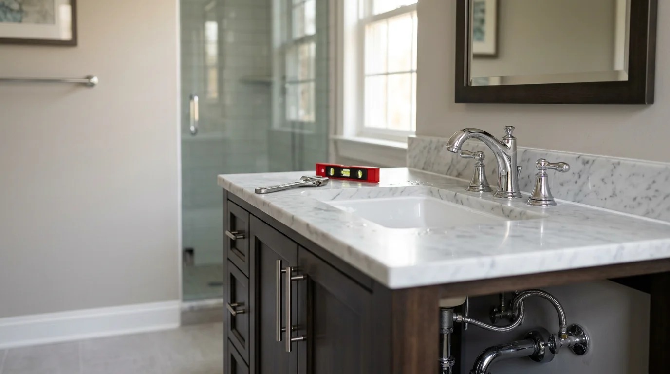 A newly installed bathroom vanity faucet and undermount sink in a McLean home, with clean supply line connections and polished trim hardware visible against a white vanity cabinet.