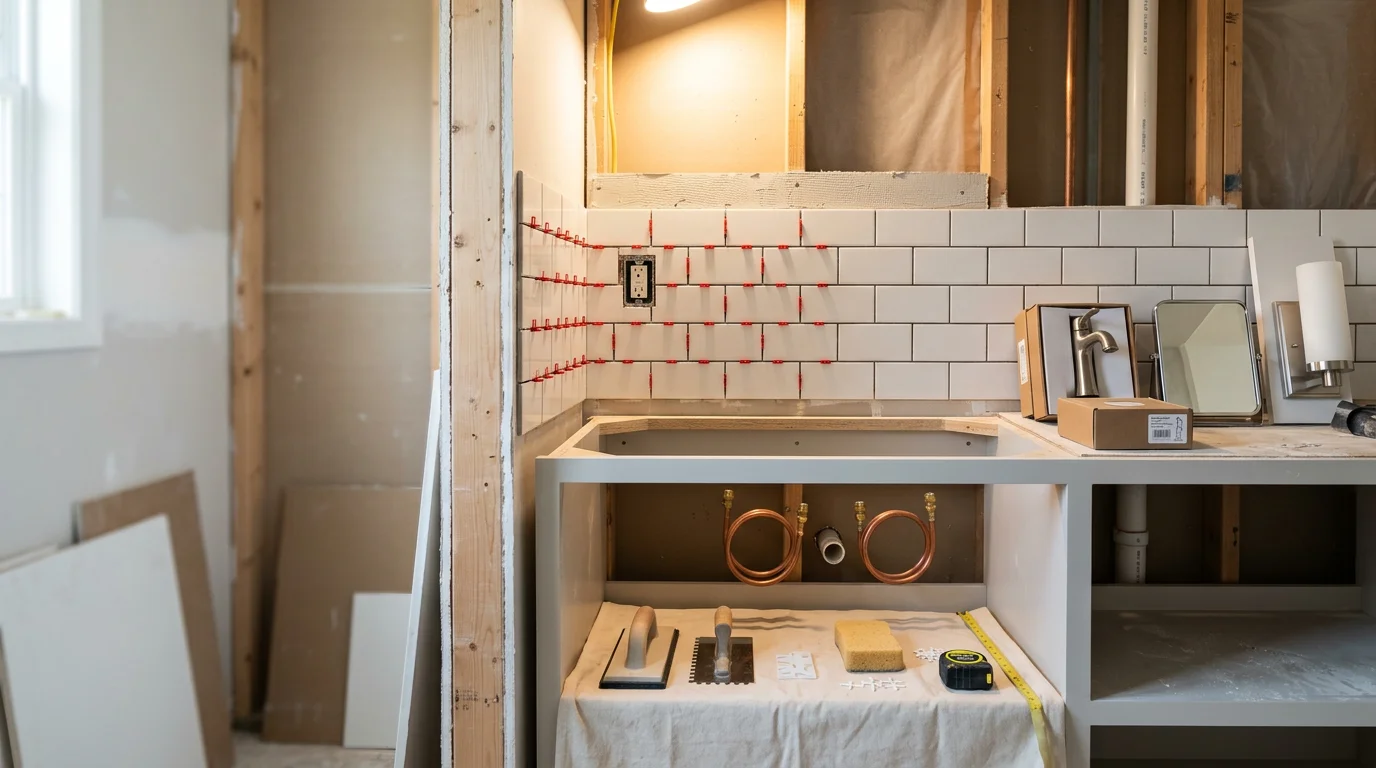 A finished bathroom remodel in a McLean, Virginia home showing clean tile work, a new vanity, and precise grout lines throughout. The space reflects the detail-focused craftsmanship Alberto and Son's Remodeling applies to every project in the Northern Virginia area.