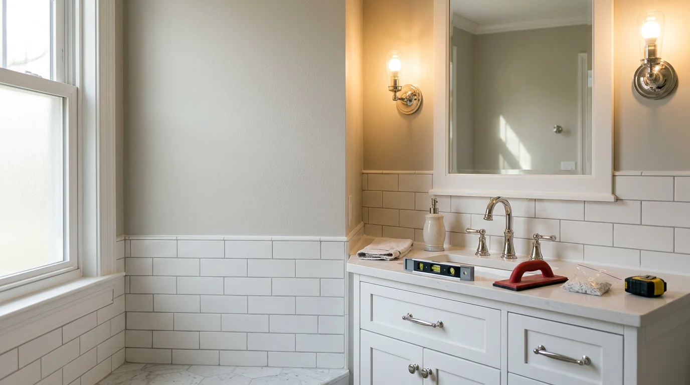 A fully renovated bathroom in a McLean, Virginia home showing new tile work, an updated vanity, and modern lighting fixtures. The finished space reflects the kind of detail-focused renovation work Alberto and Son's Remodeling delivers across Northern Virginia.