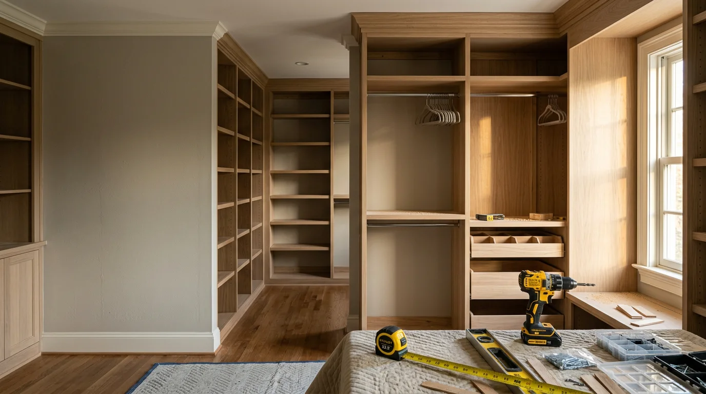 Finished custom walk-in closet installation in a McLean, Virginia home, showing built-in shelving, hanging sections, and clean trim work. Interior remodeling completed by Alberto and Son's Remodeling.