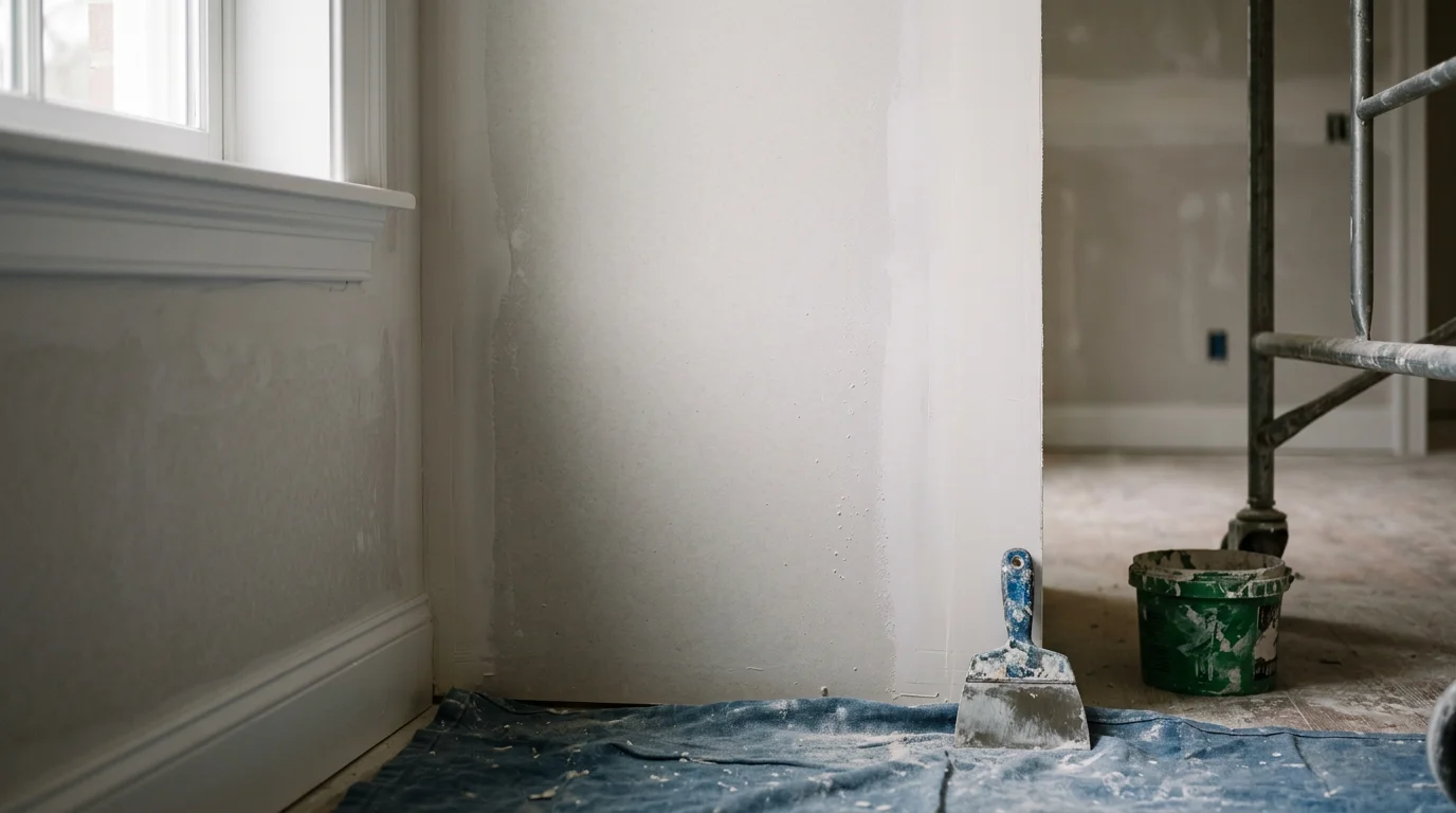 A freshly finished drywall wall in a McLean home interior showing smooth, seam-free surfaces ready for paint. A craftsman applies a final coat of joint compound along a taped ceiling joint in a residential remodeling project.