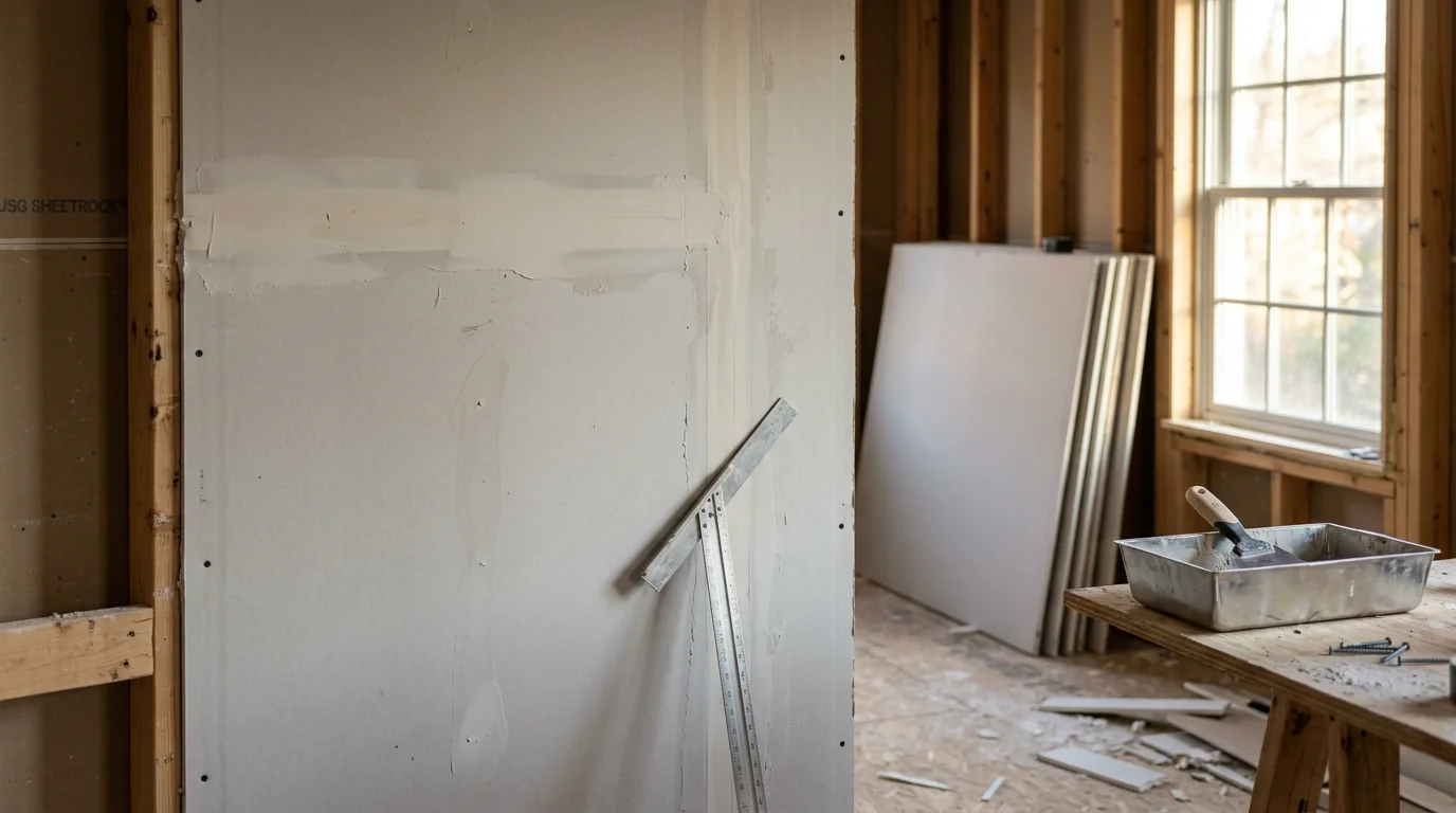 Freshly installed drywall panels covering the walls and ceiling of a McLean home interior during a renovation project. Panels are flush, seams are aligned, and the space is staged for finishing work.