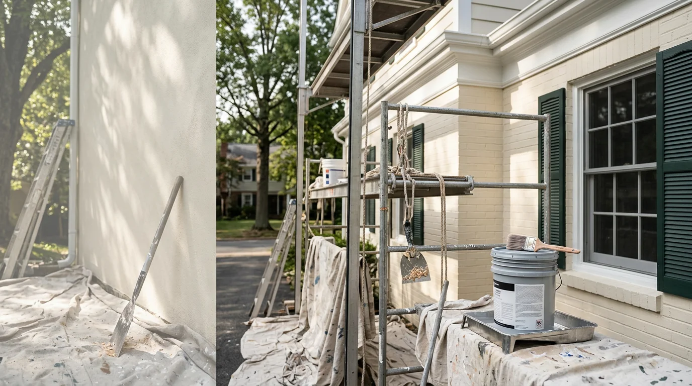 Freshly painted colonial-style home exterior in McLean, Virginia, with clean trim lines on white fascia and dark shutters against painted siding. Alberto and Son's Remodeling exterior painting work on a tree-lined residential street.