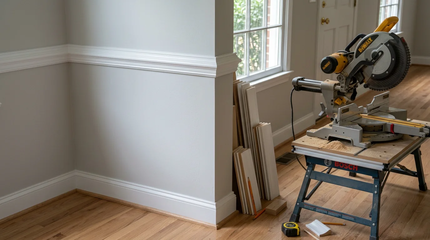 Finished interior room in a McLean, Virginia home showing freshly installed crown molding, tall baseboards, and painted door casing with tight miter joints at the corners. The trim work runs along a neutral-painted wall in a traditional Colonial-style room.