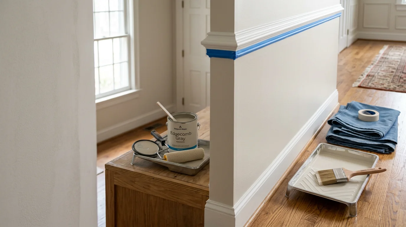 Freshly painted interior living room in a McLean, Virginia home, showing clean wall coverage, sharp trim lines, and protected hardwood floors during an interior painting project by Alberto and Son's Remodeling.