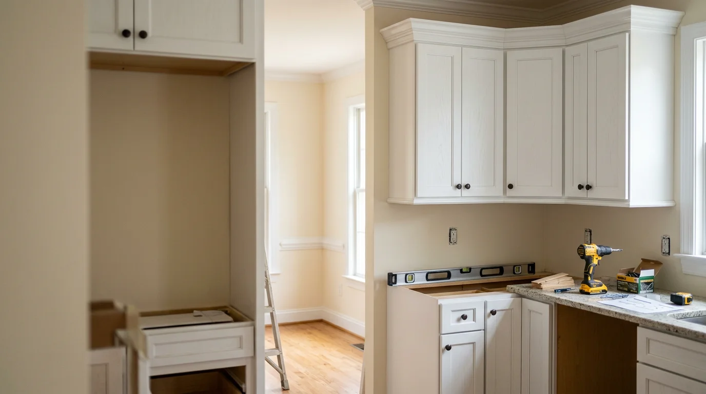 Newly installed kitchen cabinets in a McLean, Virginia home, showing aligned upper and lower cabinet runs with flush doors and clean wall-to-cabinet seams. Alberto and Son's Remodeling kitchen cabinet installation in Northern Virginia.