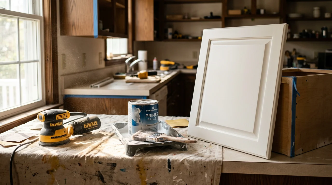 Freshly painted white kitchen cabinets in a McLean, Virginia home, showing smooth door faces, clean edges, and updated drawer fronts after professional cabinet painting by Alberto and Son's Remodeling.