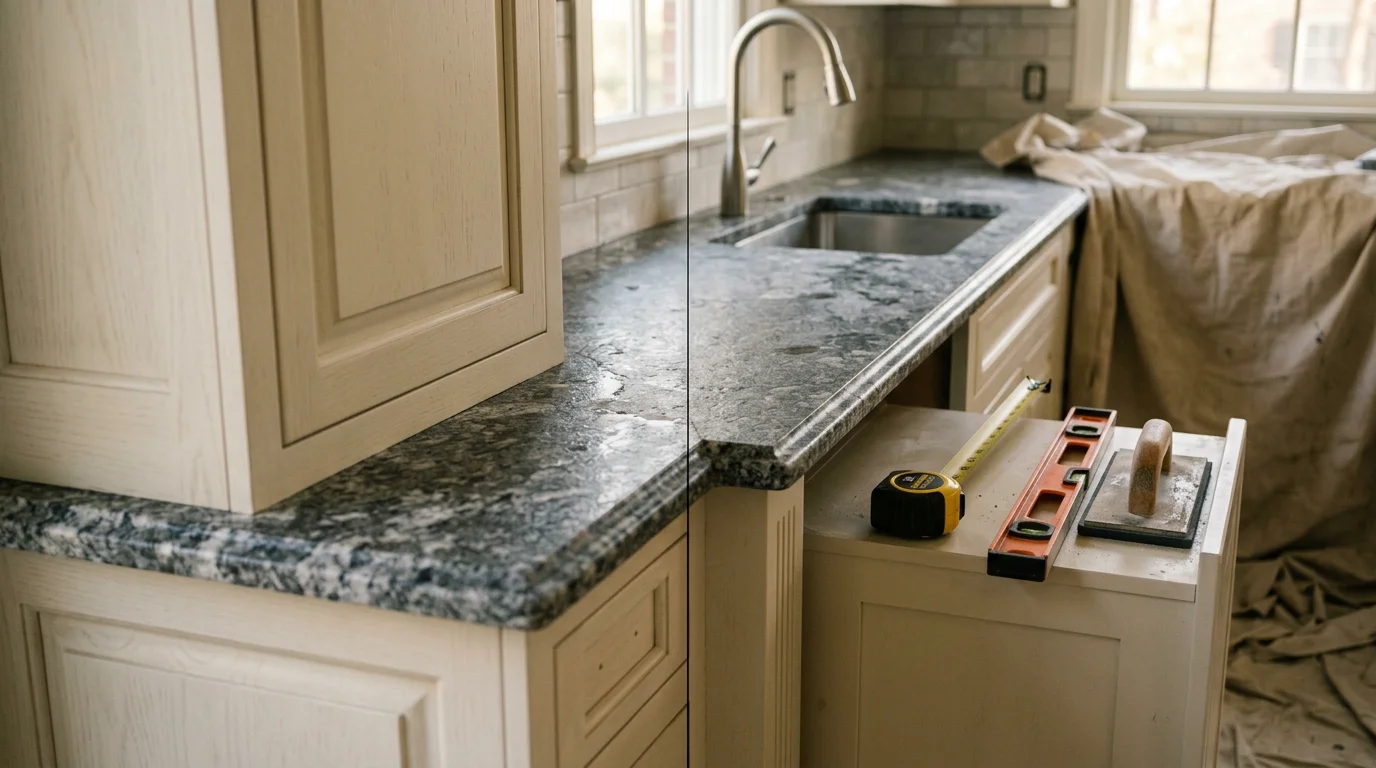 Freshly installed kitchen countertop in a McLean, Virginia home, showing clean edge profiles and a fitted sink cutout against white cabinetry. Alberto and Son's Remodeling completed the installation as part of a kitchen update in Northern Virginia.