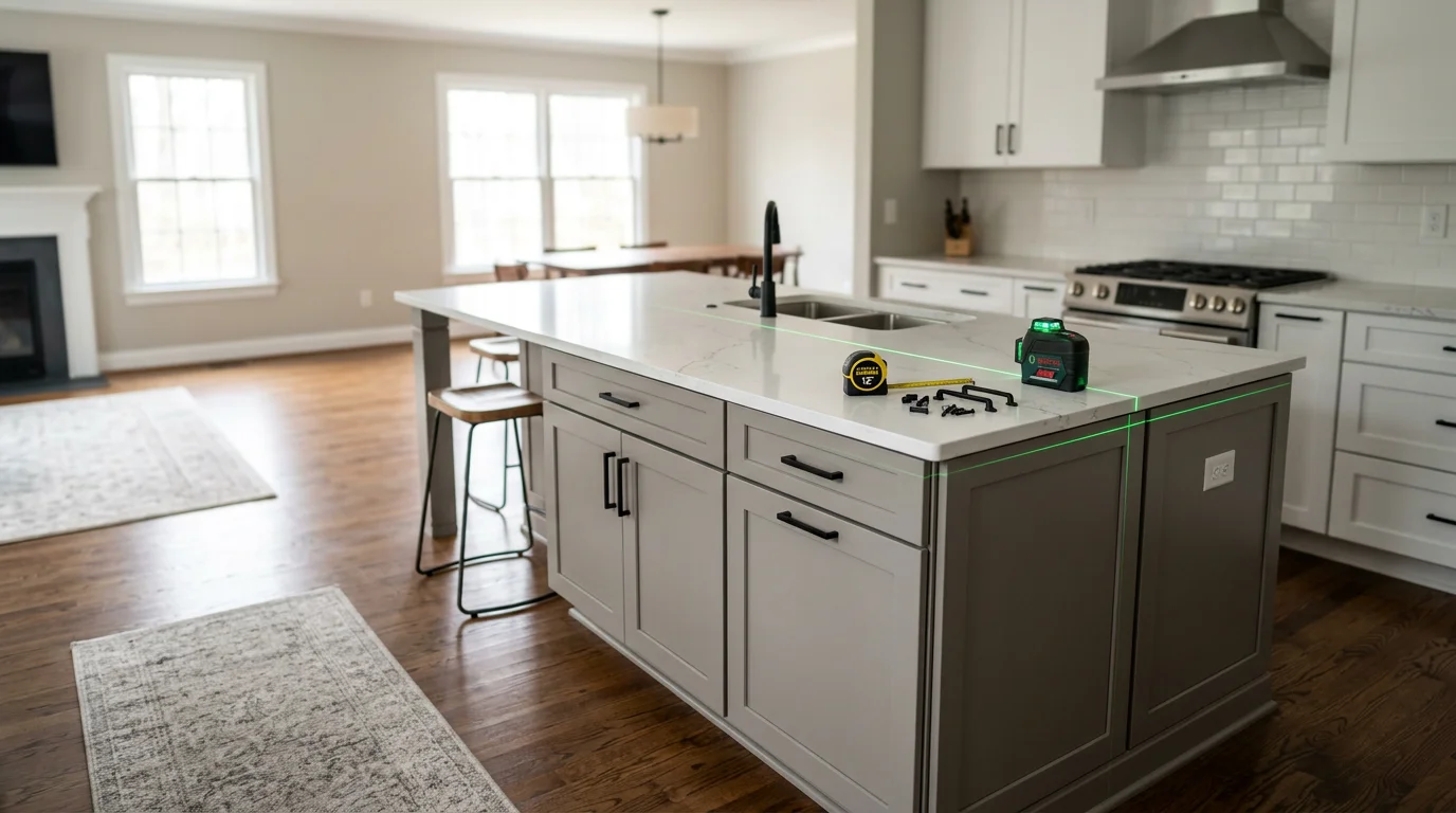 Newly installed custom kitchen island with seating overhang and lower cabinet storage in a McLean, Virginia home with an open floor plan. The island sits centered in the kitchen with clear aisle space on all sides and a finish that matches the surrounding cabinetry.