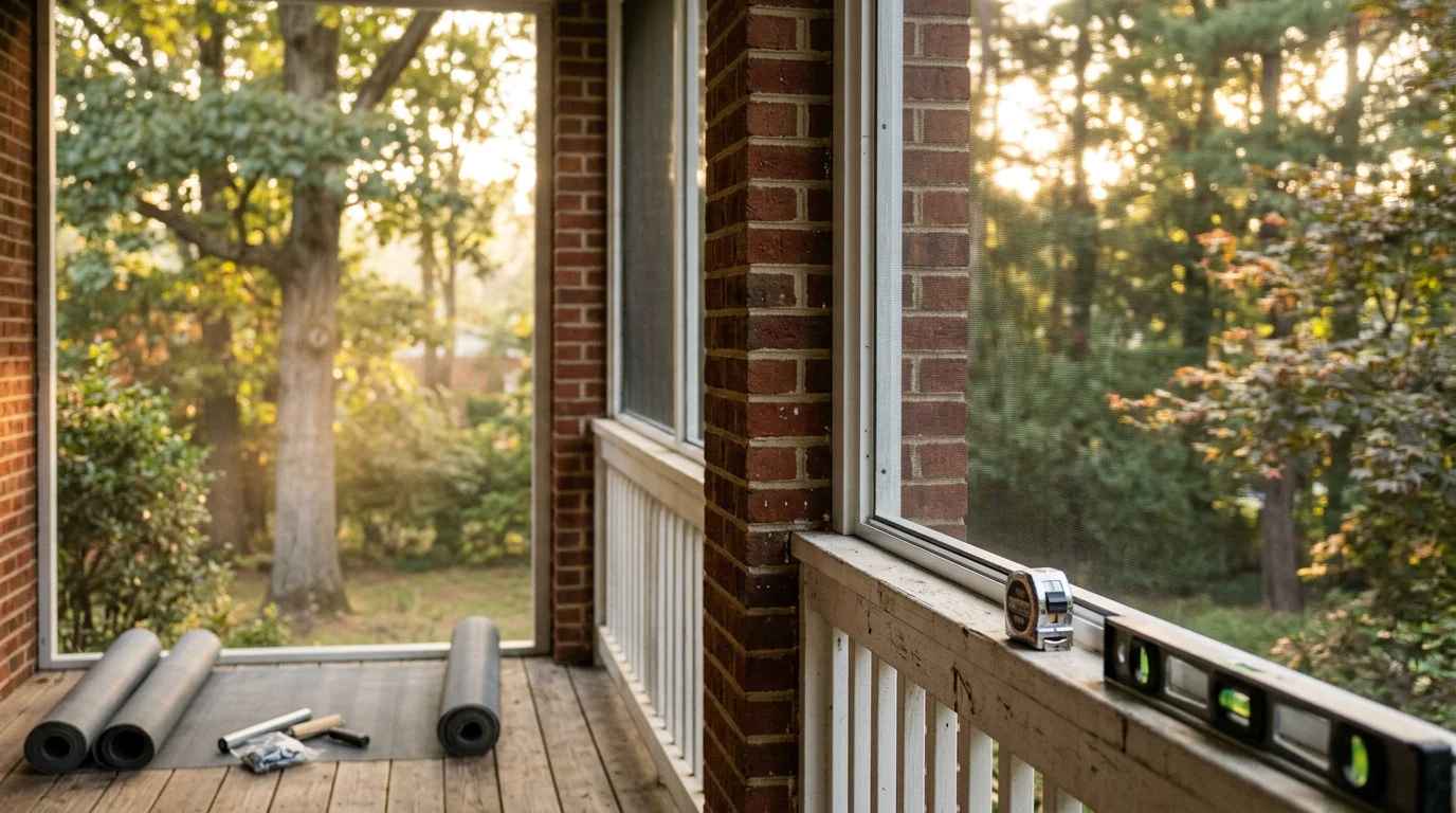 A freshly screened porch on a McLean Virginia home, with taut screen panels fitted flush across each opening and a wooded backyard visible through the mesh. Alberto and Son's Remodeling completed porch screen installation showing clean framing and even tension across all panels.