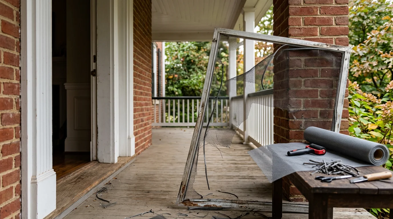 Close-up view of a freshly repaired porch screen panel on a residential home in McLean, Virginia, showing taut mesh evenly seated within an aluminum frame. The screened porch overlooks a wooded backyard typical of Northern Virginia properties.